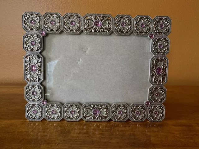 Vintage Metal Jeweled Picture Photo Frame Pinkish Purple Faux Jewels Ornate