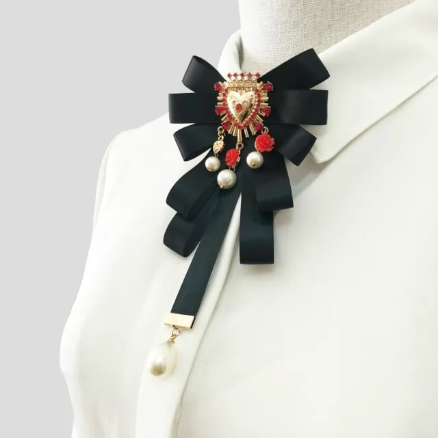 Luxury Women Satin Bow Tie Beads Flower Pin Baroque Brooch Necktie Party Retro
