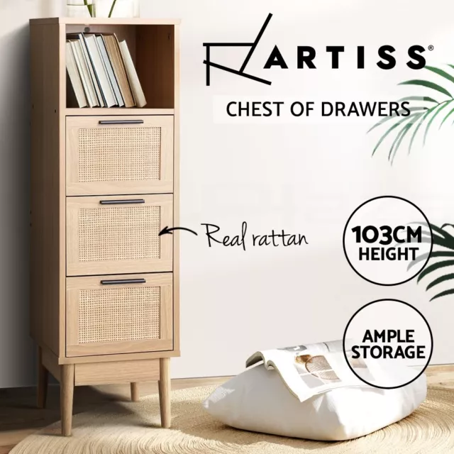 Artiss 3 Chest of Drawers Rattan Dresser Tallboy Shelf Storage Cabinet Bedroom