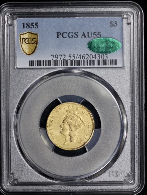 1855 $3 Gold Indian Princess PCGS AU 55 CAC Approved