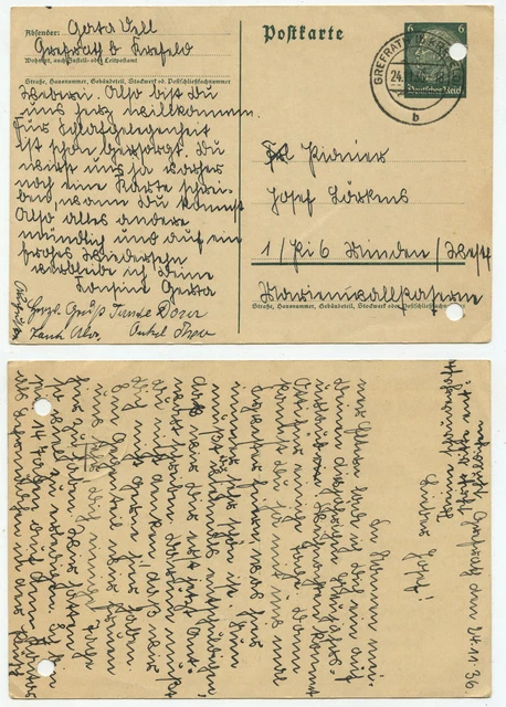 41757 - Ganzsache P 226 - Postkarte - Grefrath 24.11.1936 nach Minden