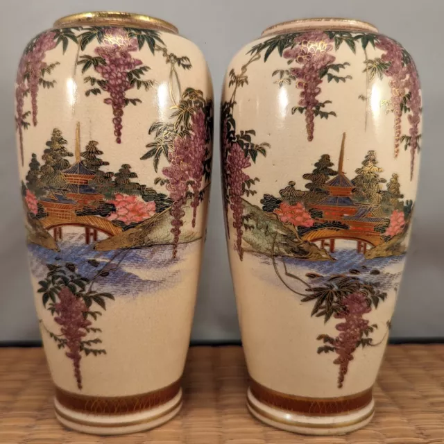 Pair Japanese Satsuma Ceramic Vases Temple Wisteria Flowers Signed Fuzan 冨山 2