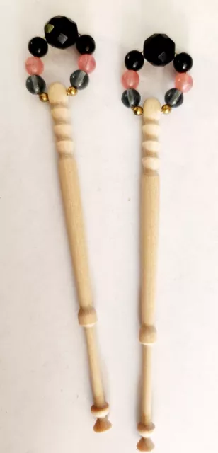 Set of 2 Carved Wood Spangled Lace Bobbins with Glass Beads