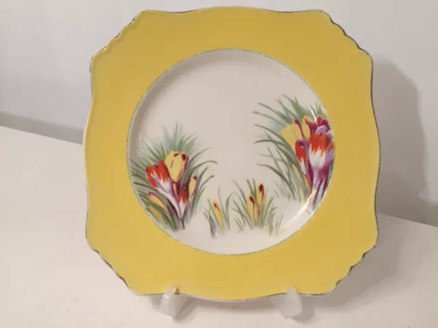 Royal Winton Grimwades Yellow Crocus Flower Gold Trim Square Luncheon Plate 9"