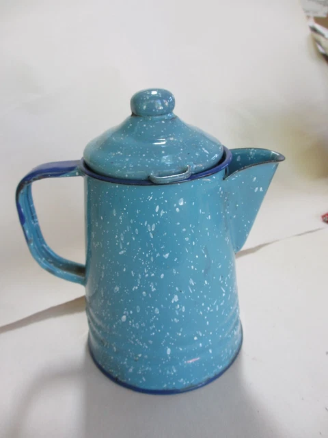 Old 2 Cup Coffee Tea Pot Enamelware  Speckled Blue Graniteware Rustic Country