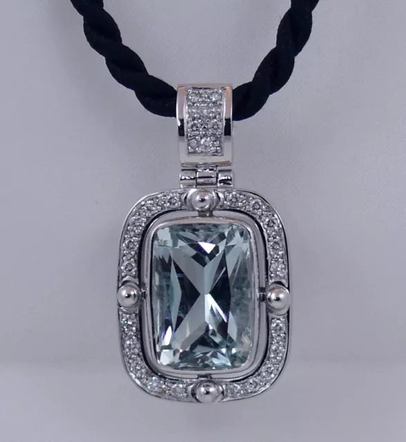 18K White Gold 8.6 ct Aquamarine and Diamond Pendant / Necklace, Handmade