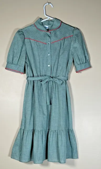 Vintage Sears 70s Prairie Size 12 Green Gingham Belted Cowgirl Made In USA Union
