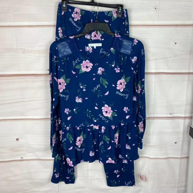 Carole Hochman Pajamas Womens Small Sueded Jersey Floral Lace Blue Pants Top Set