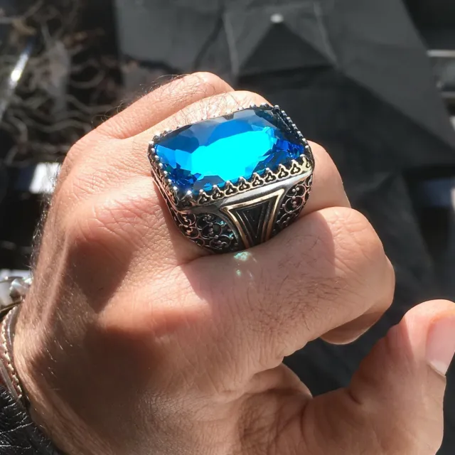 Mens Ring 925 Sterling Silver Blue Topaz Big extraordinary Statement Jewelry
