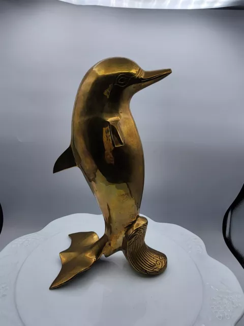 Vintage 1960s Dolphin Statue Figurine Upright Solid Brass 11 Inches Tall