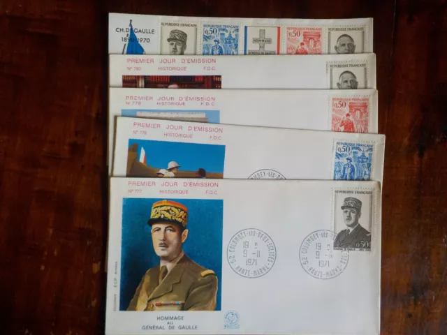 Lot de 5 lettres 1er jour Charles de Gaulle. La bande et les 4 timbres Colombey