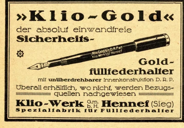 Klio-Werke Hennef SPEZIALFABRIK FÜR FÜLLFEDERHALTER Historische Reklame von 1922