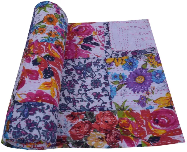 Floral Patchwork Cubrecama Kantha Colcha Indio Decoración Hogar Reina Manta