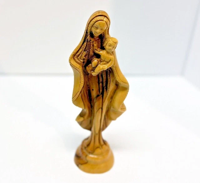 VIRGIN MARY AND Baby Jesus Old Israeli Hand Carved Olive Wood Statue ...