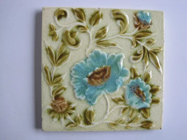 Antique Victorian 6" Moulded Majolica Tile - Turquoise Flowers Corn Bro C1898-04