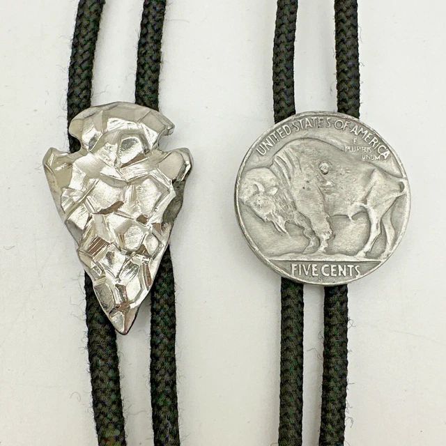 VINTAGE SET 2 Bolo Ties Buffalo Five Cent Coin Tie & Textured Arrowhead