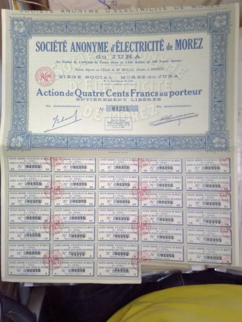 10 Actions - Morez - Jura - Rare- Secteur de l'Electricité du 05/01/1938 - SPL
