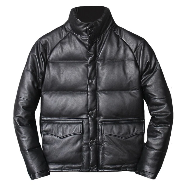 Leather Down Jacket Real Lambskin leather Mens Black  Winter Warm Leather Coat