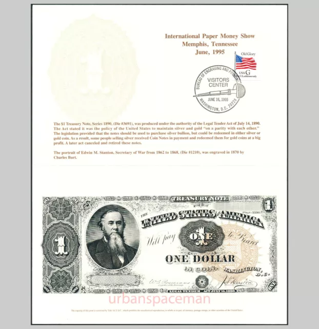 B196 IPMS 1995 BEP Souvenir Card $1 Treasury Note 1890 face Stanton Visitors Ctr