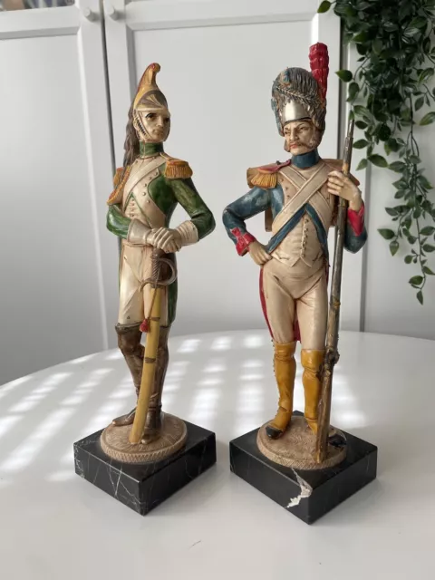 2 x Vintage Napoleonic Soldiers Italian Marble Figurines Militaria Hand Painted