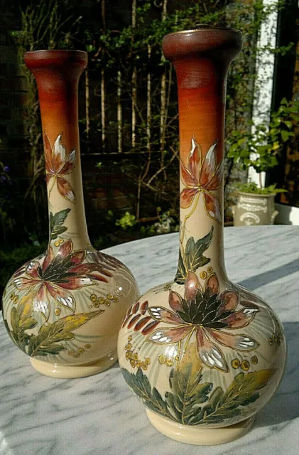 Pair of Antique Victorian Hand Painted Hand Enamelled Vases ~ 11.5" tall