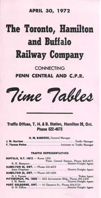 The Toronto, Hamilton and Buffalo Railway Co. 1972 Railroad Timetable.