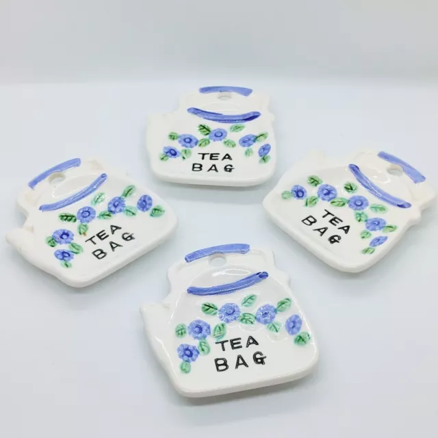 VTG SET 4 Ceramic Tea Bag Holder Blue Florwers $12.50 - PicClick