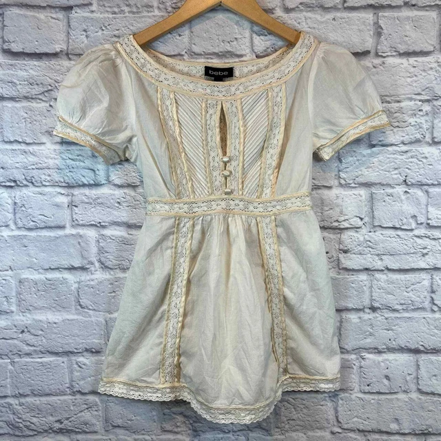 Vintage Bebe Babydoll Top Tie Back White Cream Crocheted Lace Empire Waist
