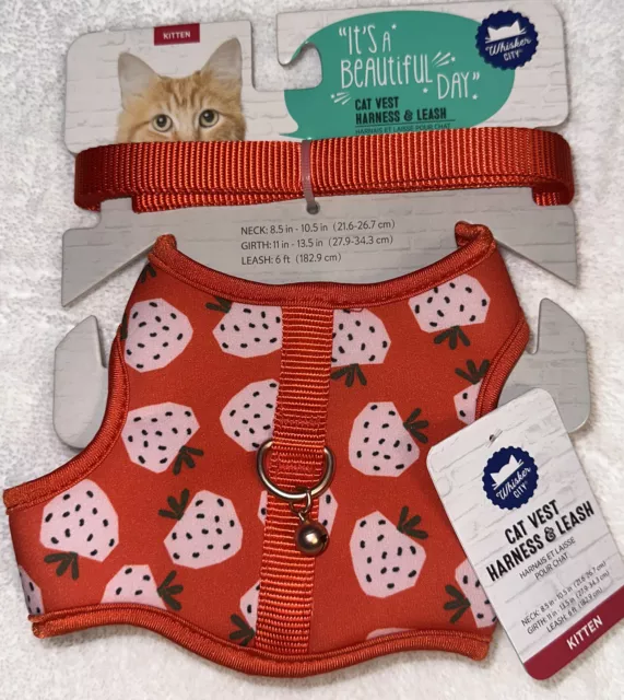 WHISKER CITY Cat Vest Harness & Leash Kitten size Strawberry Pattern In Red New