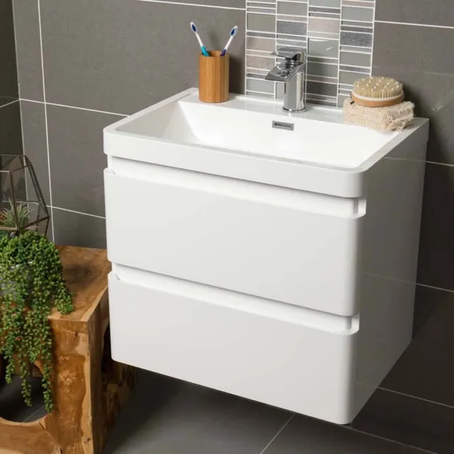 600mm White Vanity Unit Wall Hung Basin 2 Drawer Bathroom Storage Cabinet Gloss 2