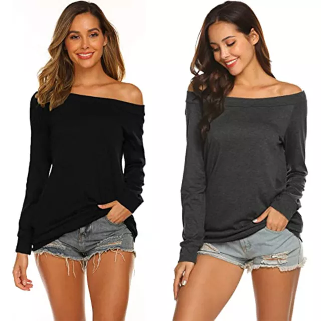 Women's Long Sleeve Boat Neck Off Shoulder Blouse Tops Summer Casual T-Shirts