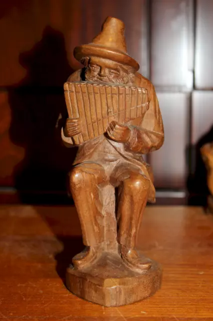 19Th 7" Wood Hand Carved Old Man Pan Flute Musician Statue Figure Sculpture Gift