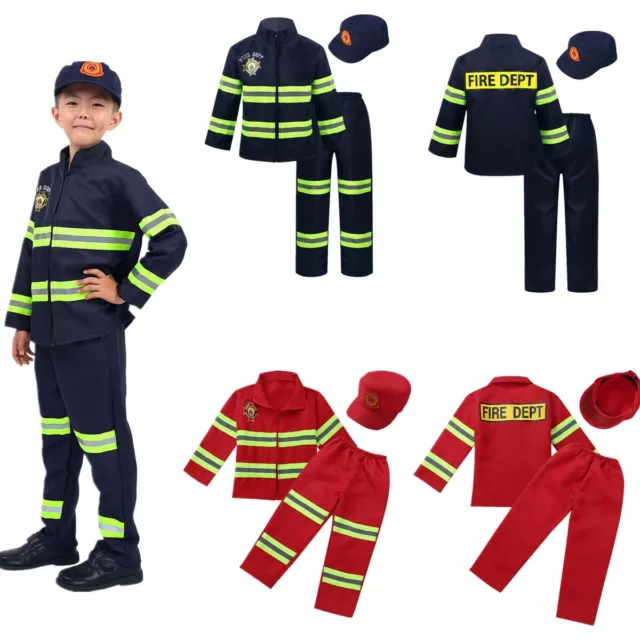 Boys Girls  Firefighter Outfit Kid Long Sleeves Zipper Closure Uniforms Costumes