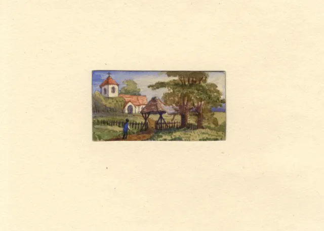 Miniature Church View with Lychgate – mid-19th-century watercolour painting