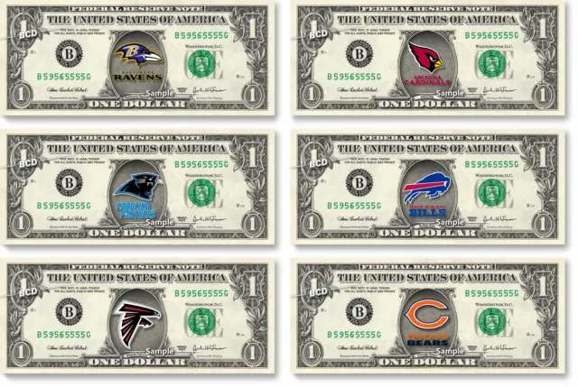 NFL Team Logos on a Real Dollar Bill Cash Money Collectible Memorabilia Novelty