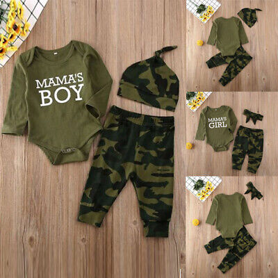 Newborn Baby Boy Girl Clothes Camouflage Bodysuit Jumper Pants Hat Outfit Set