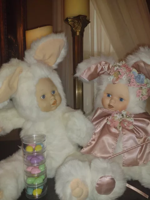 Pair,Bunny Rabbit Stuffed Plush with Porcelain Baby Face Easter Doll Holding Toy