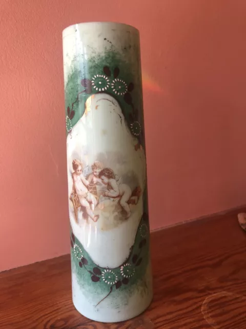 Antique Victorian Opaline Green Vase With Cherubs