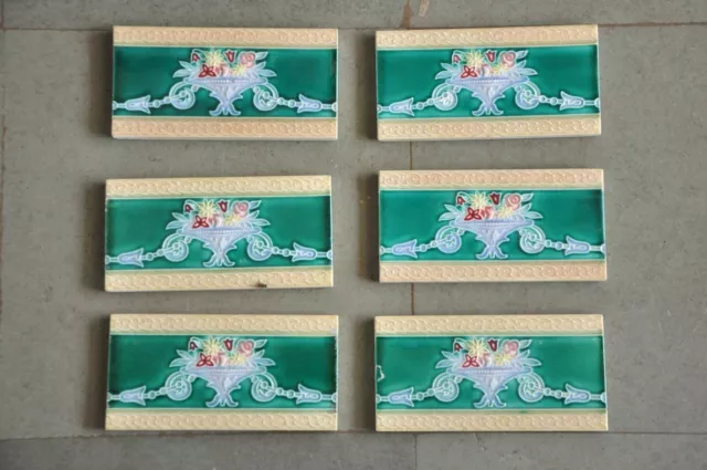 6 Pc Vintage Majolica Flower Basket Art Nouveau Architecture Tiles,Japan 3