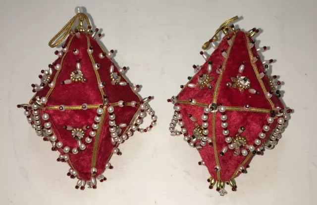 2 Hand Made Velvet Beaded Christmas Ornaments, Red with White and Gold Trim