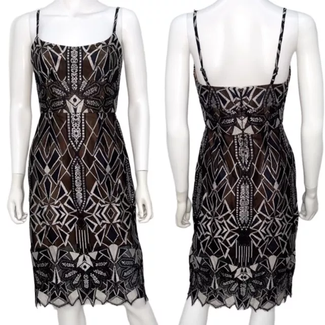 BCBGMaxAzria Alese Black Silver Metallic Geometric Lace Midi Dress Women's Sz 2