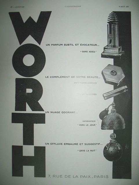 PUBLICITE DE PRESSE WORTH PARFUM "SANS ADIEU" PRODUITS DE BEAUTé FRENCH AD 1930