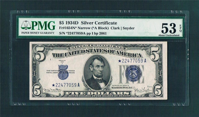 1934D $5.00 (NARROW *A) Silver Certificate STAR Note~New PMG-53 EPQ Holder !!