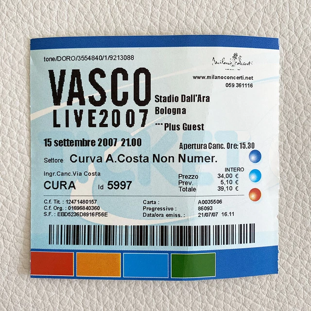 Biglietto Concerto Vasco Rossi Live 2007 Bologna - Usato