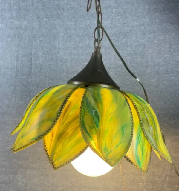 vintage tulip petal green faux stained glass original hanging lamp light