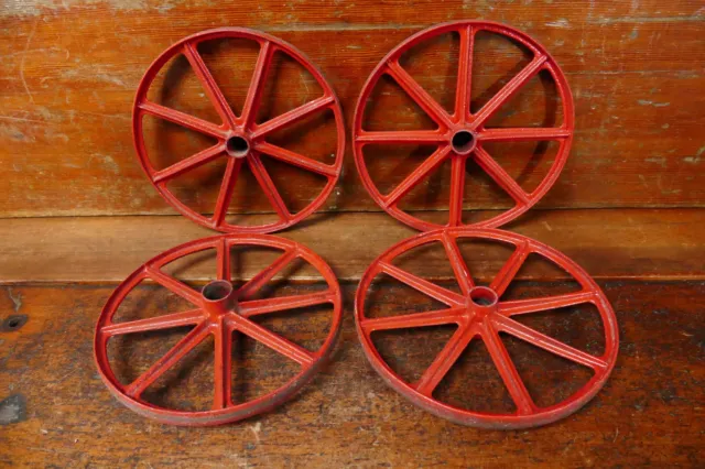 Set Of 4 - Vintage Antique 10” Cast Iron Wheels Red Wagon Cart - 8 Spoke Wheels