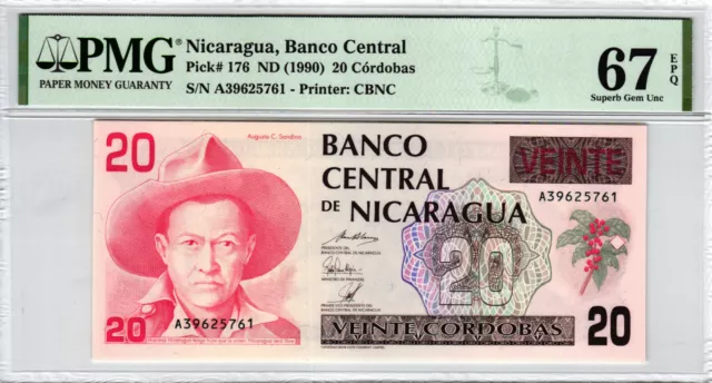 02 Nicaragua P176 20 Cordobas 1990 PMG 67 UNC