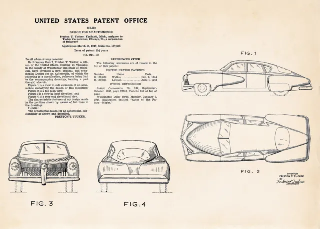 Vintage 1948 Preston Tucker Torpedo 48 Car Automobile US Patent Art Print Poster