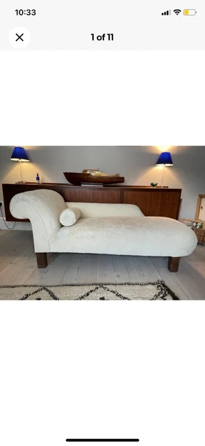Vintage antique chaise longue sofa. Ivory damask.