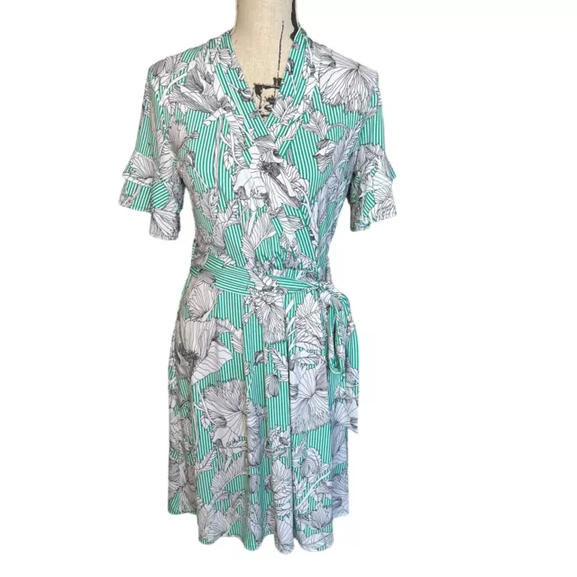 Liz Claiborne Womens Dress Green Floral Striped M Short Ruffle Sleeve Faux Wrap